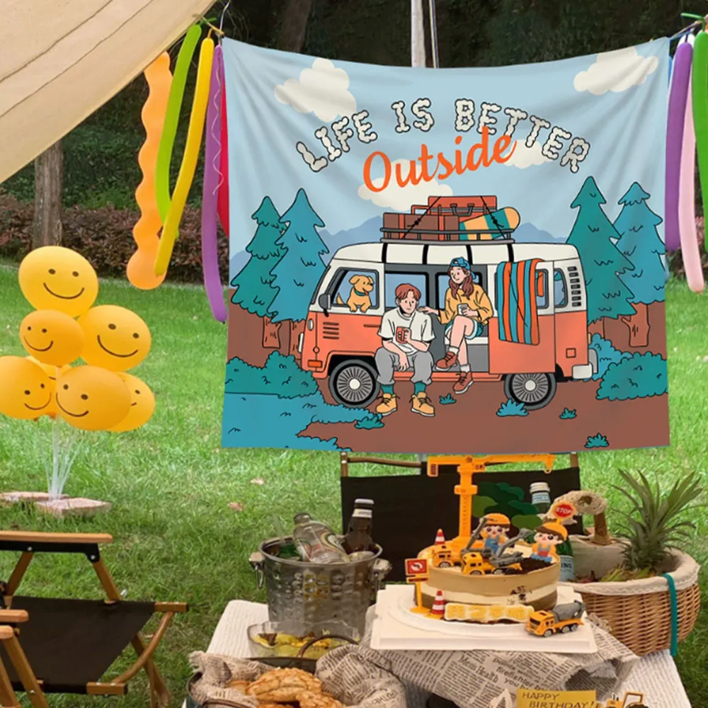 Outdoor Adventure Background - Tapestry Camper Van Retro, Hiasan Dinding